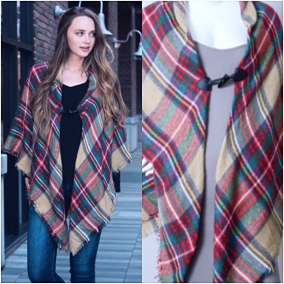 Stunning Plaid Flannel Poncho Scarf Wrap O/S - Picture 2 of 7